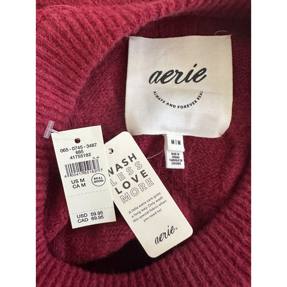 Aerie Unreal Cable Crew Sweater size M Burgundy Red Oversized Pullover Knit NWT - Picture 3 of 6